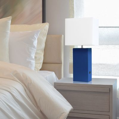 Elegant Designs 21 in. H Modern Leather Table Lamp with USB and Fabric Shade, Blue Leather