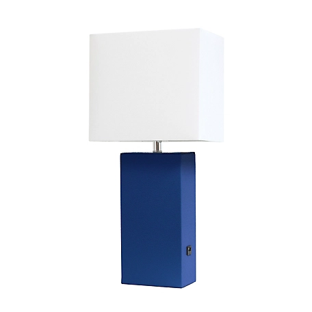Elegant Designs 21 in. H Modern Leather Table Lamp with USB and Fabric Shade, Blue Leather