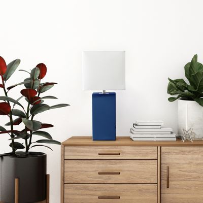 Image showing  21 in. H Modern Leather Table Lamp with USB and Fabric Shade, Blue Leather