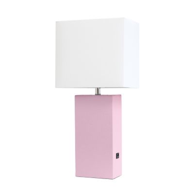 Elegant Designs 21 in. H Modern Leather Table Lamp with USB and Fabric Shade, Blush Pink Leather