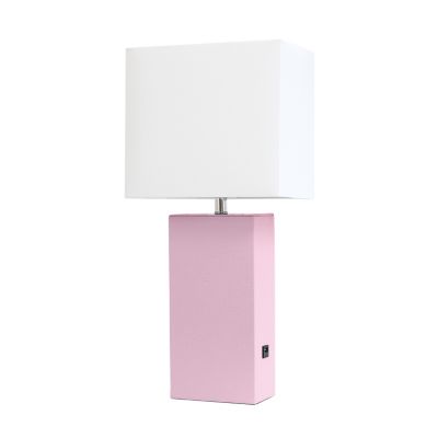 Image showing  21 in. H Modern Leather Table Lamp with USB and Fabric Shade, Blush Pink Leather