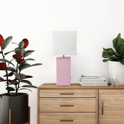 Image showing  21 in. H Modern Leather Table Lamp with USB and Fabric Shade, Blush Pink Leather