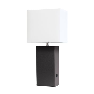 Image showing  21 in. H Modern Leather Table Lamp with USB and Fabric Shade, Brown