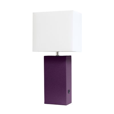 Elegant Designs 21 in. H Modern Leather Table Lamp with USB and Fabric Shade, Eggplant Leather