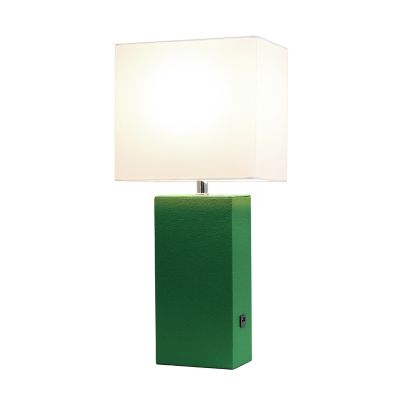 Image showing  21 in. H Modern Leather Table Lamp with USB and Fabric Shade, Green Leather
