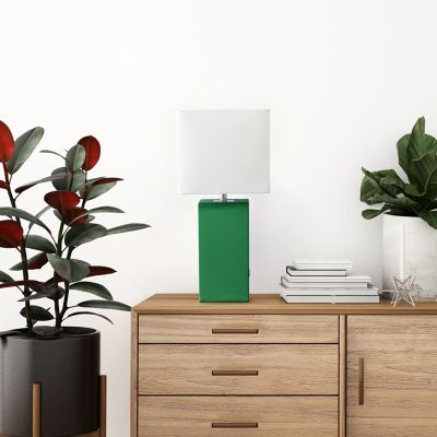 Image showing  21 in. H Modern Leather Table Lamp with USB and Fabric Shade, Green Leather