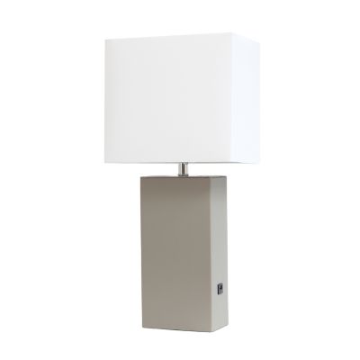 Elegant Designs 21 in. H Modern Leather Table Lamp with USB and Fabric Shade, Gray Leather