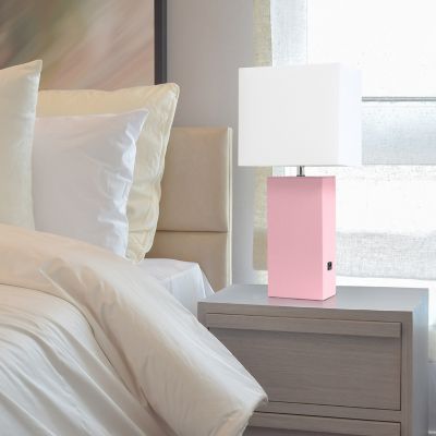 Elegant Designs 21 in. H Modern Leather Table Lamp with USB and Fabric Shade, Pink Leather