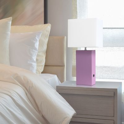 Elegant Designs 21 in. H Modern Leather Table Lamp with USB and Fabric Shade, Purple Leather