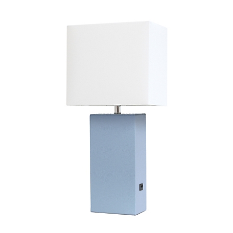 Elegant Designs 21 in. H Modern Leather Table Lamp with USB and Fabric Shade, Periwinkle Leather