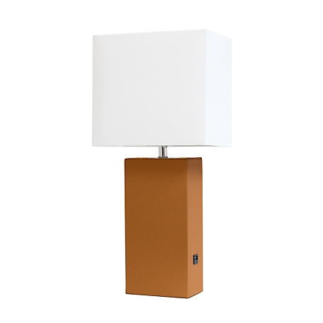 Elegant Designs 21 in. H Modern Leather Table Lamp with USB and Fabric Shade, Tan Leather