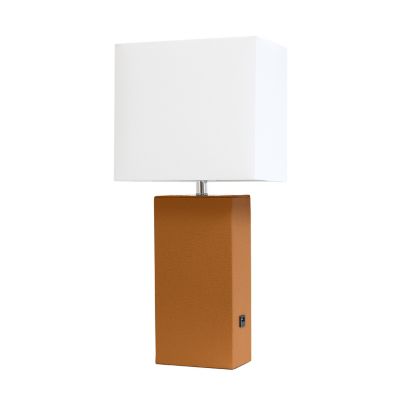 Image showing  21 in. H Modern Leather Table Lamp with USB and Fabric Shade, Tan Leather
