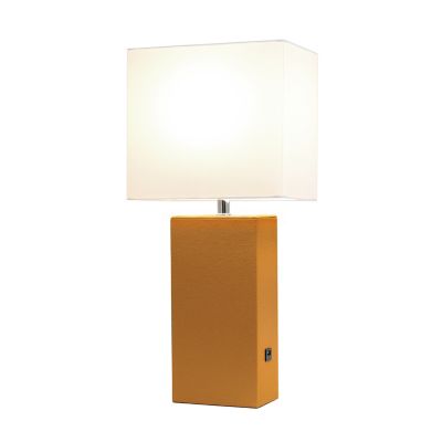 Image showing  21 in. H Modern Leather Table Lamp with USB and Fabric Shade, Tan Leather