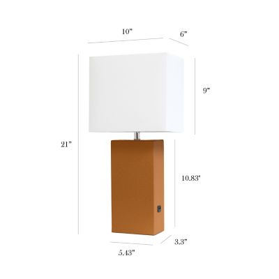 Image showing  21 in. H Modern Leather Table Lamp with USB and Fabric Shade, Tan Leather
