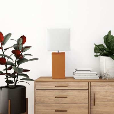 Image showing  21 in. H Modern Leather Table Lamp with USB and Fabric Shade, Tan Leather