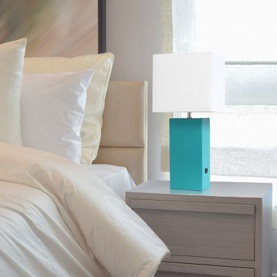 Elegant Designs 21 in. H Modern Leather Table Lamp with USB and Fabric Shade, Teal Leather