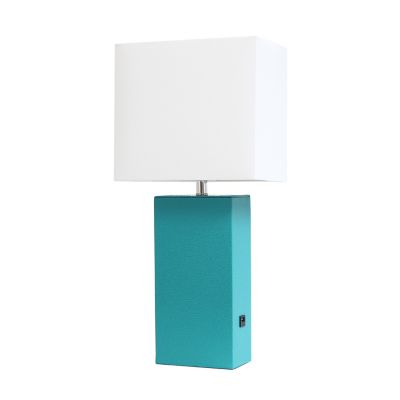 Image showing  21 in. H Modern Leather Table Lamp with USB and Fabric Shade, Teal Leather