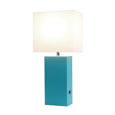 Image showing  21 in. H Modern Leather Table Lamp with USB and Fabric Shade, Teal Leather
