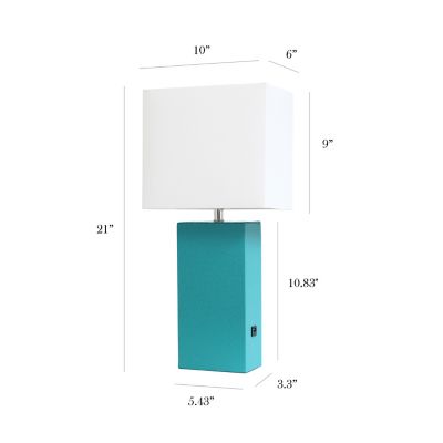 Image showing  21 in. H Modern Leather Table Lamp with USB and Fabric Shade, Teal Leather