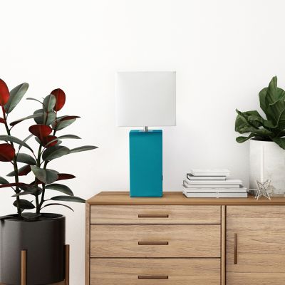 Image showing  21 in. H Modern Leather Table Lamp with USB and Fabric Shade, Teal Leather