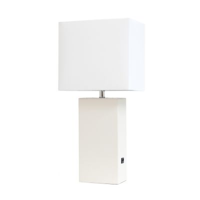 Elegant Designs 21 in. H Modern Table Lamp with USB and Fabric Shade, White Leather