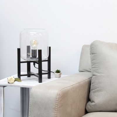 Simple Designs 13.38 in. H Black Wood Mounted Table Lamp with Clear Glass Cylinder Shade