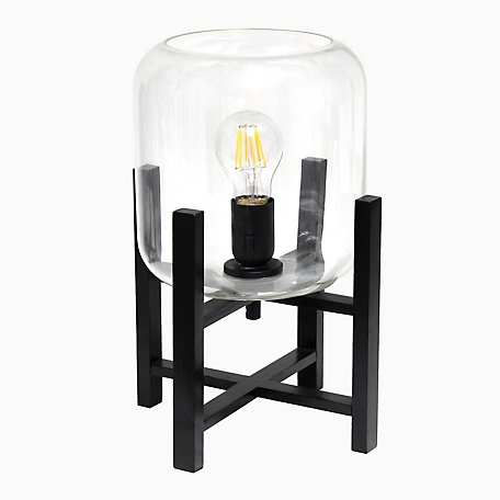 Simple Designs 13.38 in. H Black Wood Mounted Table Lamp with Clear Glass Cylinder Shade