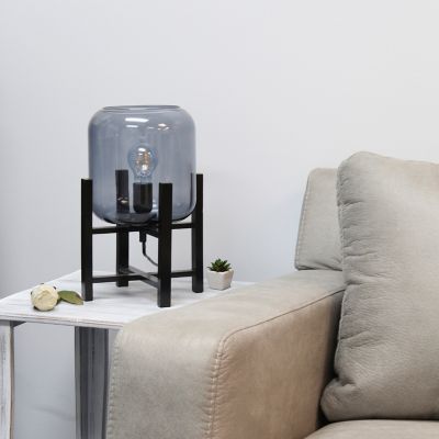 Simple Designs 13.38 in. H Black Wood Mounted Table Lamp with Smoke Glass Cylinder Shade