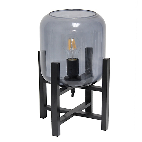 Simple Designs 13.38 in. H Black Wood Mounted Table Lamp with Smoke Glass Cylinder Shade