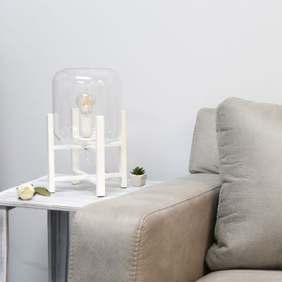 Simple Designs 13.38 in. H White Wood Mounted Table Lamp with Clear Glass Cylinder Shade