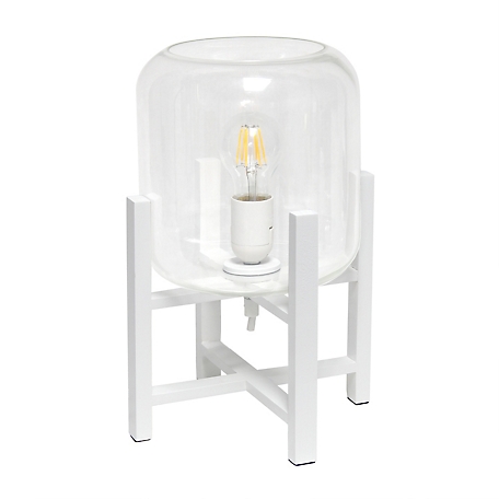 Simple Designs 13.38 in. H White Wood Mounted Table Lamp with Clear Glass Cylinder Shade