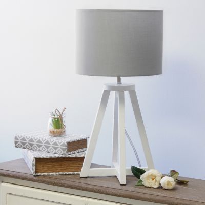 Image showing  19 in. H Interlocked Triangular Wood Table Lamp with Fabric Shade, White Base, Gray Shade