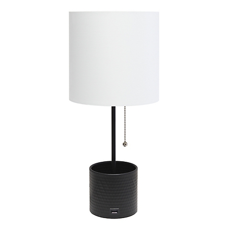 Simple Designs Hammered Metal Organizer Table Lamp with USB Charging Port and Fabric Shade, Black