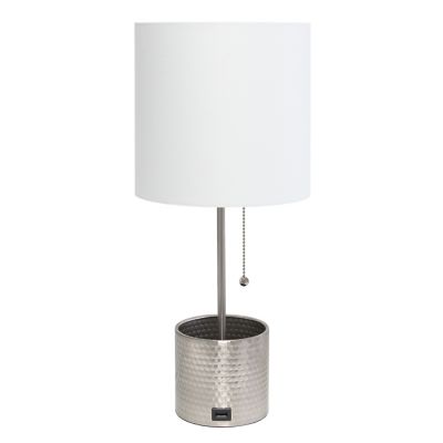Simple Designs Hammered Metal Organizer Table Lamp with USB Charging Port and Fabric Shade, Brushed Nickel
