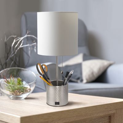 Simple Designs Hammered Metal Organizer Table Lamp with USB Charging Port and Fabric Shade, Brushed Nickel