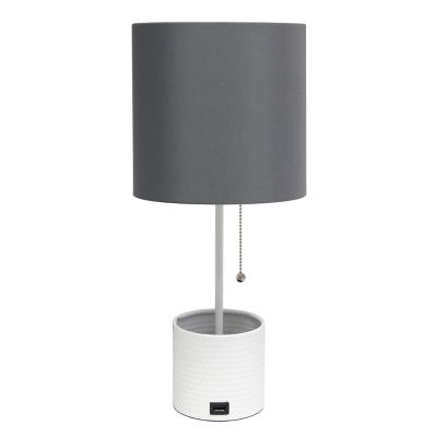 Simple Designs Hammered Metal Organizer Table Lamp with USB Charging Port and Fabric Shade, White Base, Gray Shade