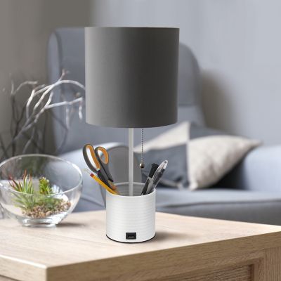 Simple Designs Hammered Metal Organizer Table Lamp with USB Charging Port and Fabric Shade, White Base, Gray Shade