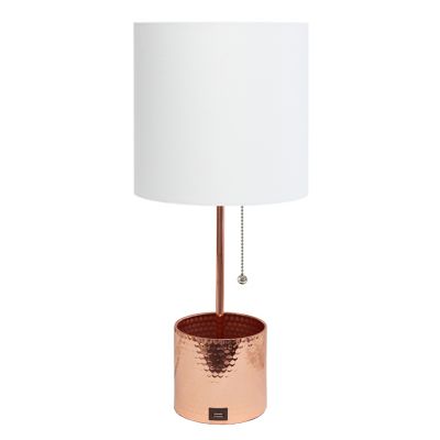 Simple Designs Hammered Metal Organizer Table Lamp with USB Charging Port and Fabric Shade, Rose Gold