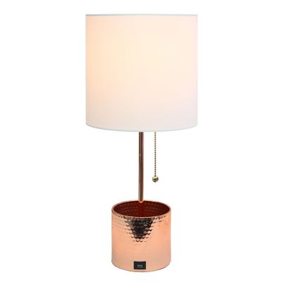 Image showing  Hammered Metal Organizer Table Lamp with USB Charging Port and Fabric Shade, Rose Gold