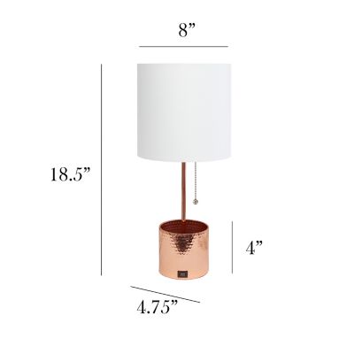 Image showing  Hammered Metal Organizer Table Lamp with USB Charging Port and Fabric Shade, Rose Gold