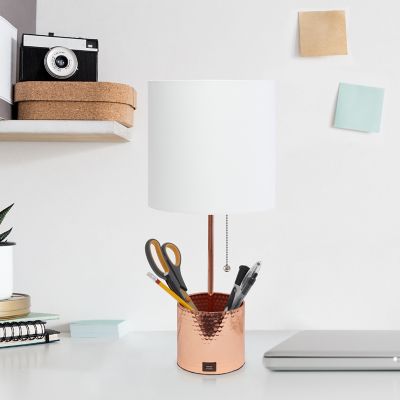 Image showing  Hammered Metal Organizer Table Lamp with USB Charging Port and Fabric Shade, Rose Gold