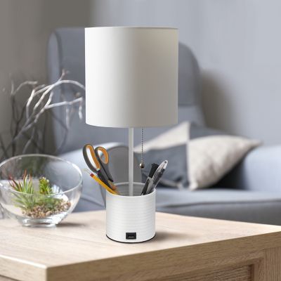 Simple Designs Hammered Metal Organizer Table Lamp with USB Charging Port and Fabric Shade, White