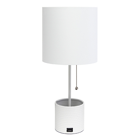 Simple Designs Hammered Metal Organizer Table Lamp with USB Charging Port and Fabric Shade, White