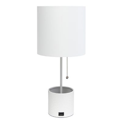 Image showing  Hammered Metal Organizer Table Lamp with USB Charging Port and Fabric Shade, White