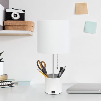 Image showing  Hammered Metal Organizer Table Lamp with USB Charging Port and Fabric Shade, White