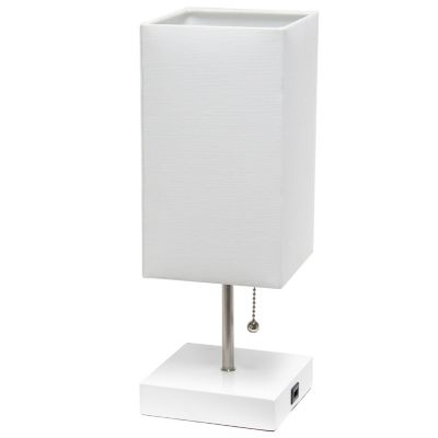 Simple Designs Petite Stick Lamp with USB Charging Port and Fabric Shade, White Base, White/White