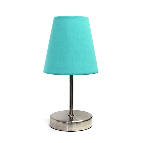 Simple Designs 10.63 in. H Sand Nickel Mini Basic Table Lamp with Fabric Shade, Blue