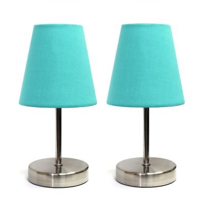 Simple Designs 10.63 in. H Sand Nickel Mini Basic Table Lamps with Fabric Shade, 2-Pack, Blue