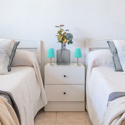 Simple Designs 10.63 in. H Sand Nickel Mini Basic Table Lamps with Fabric Shade, 2-Pack, Blue