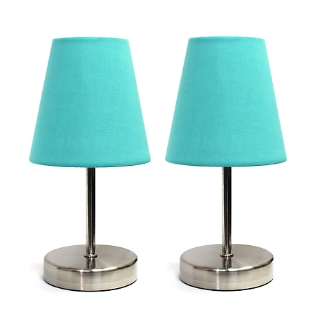Simple Designs 10.63 in. H Sand Nickel Mini Basic Table Lamps with Fabric Shade, 2-Pack, Blue